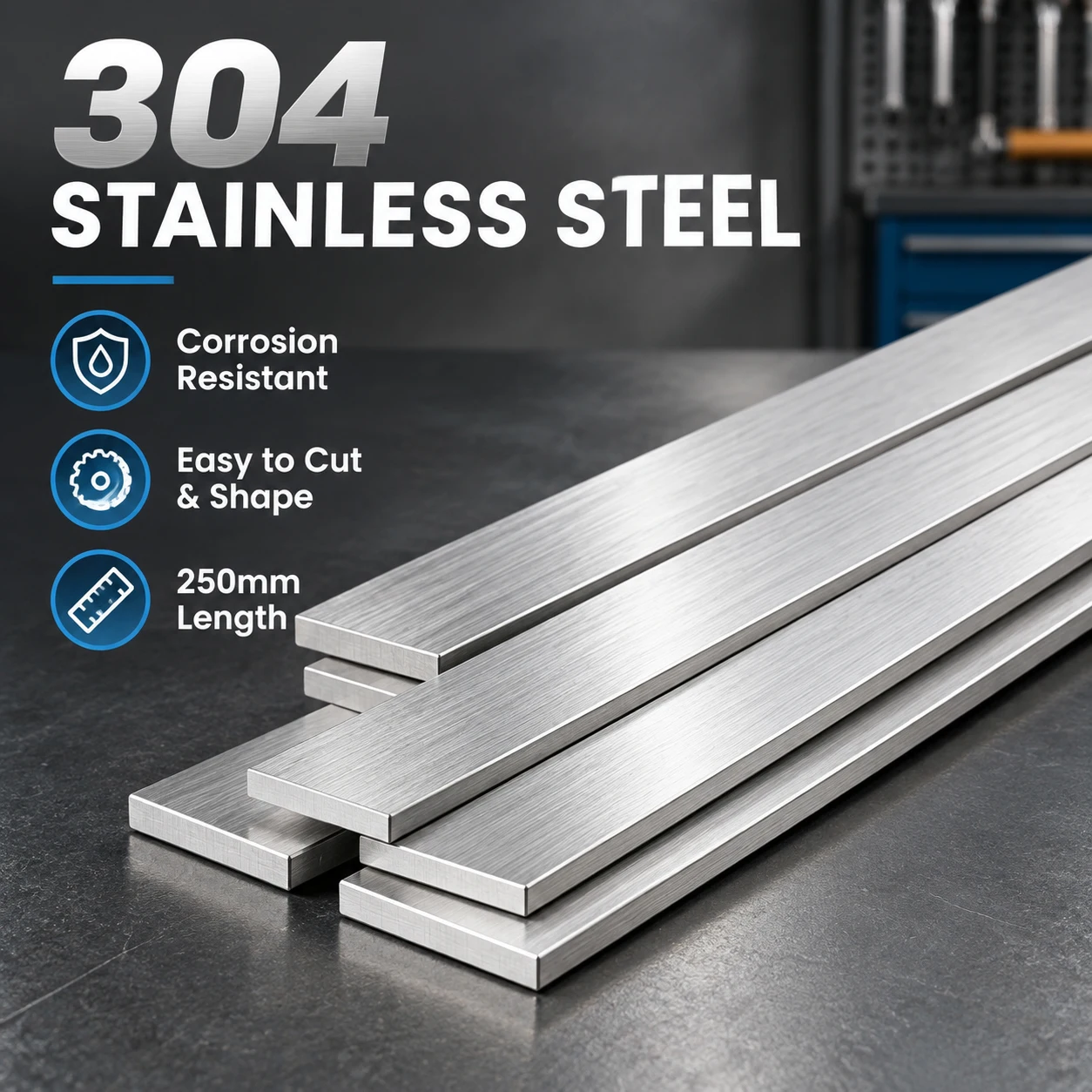1-4Pcs 250mm 1-4mm Thick 304 Stainlesss Steel Flat Rod, Metal Bar Plate for DIY Craft Hardware & Mechanical Repair