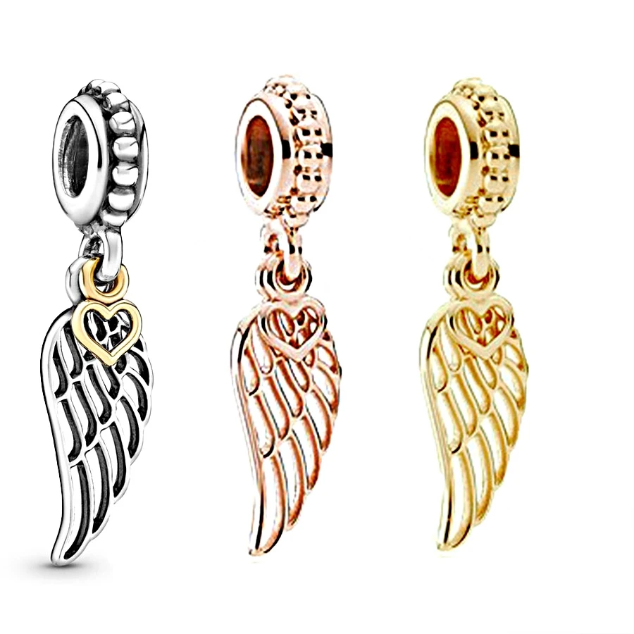 Rose Gold Plated Angel Wing And Heart Dangle Charm Beads Fit Original 925 Sterling Silver Bracelet Necklace DIY Jewelry Gift