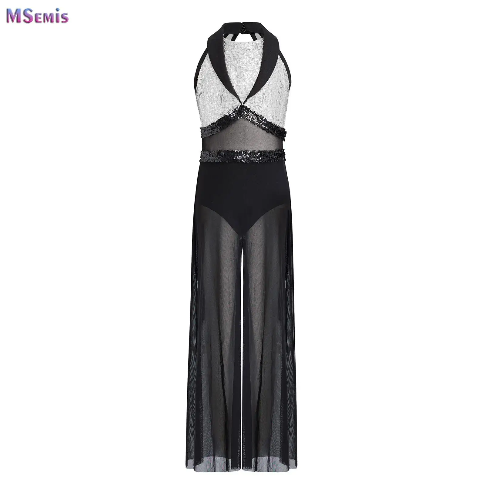 Children Girls Lyrical Dance Jumpsuit Wide-leg Leotard Figure Skating Gymnastics Acrobatics Costume Shiny Sheer Mesh Dancewear