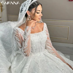 Modest Square Neck Bridal Dress Sparkly Sequins Beads Wedding Gown 2024 Luxury Ball Gown Long Bride Robe Vestido De Novia