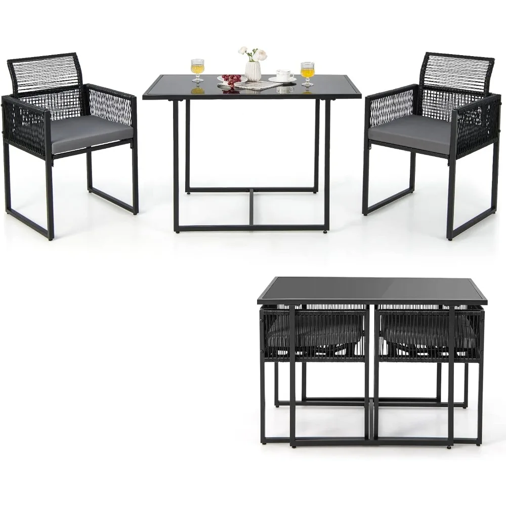 

3 Pieces Outdoor Dining Set, Patio PE Rattan Furniture Set with Folding Backrest, Cozy Seat Cushions, Tempered Glass Tabletop,