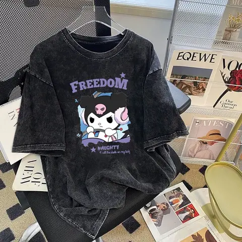 여름 Sanrio Kuromi 만화 프린트 티셔츠 Mens Womens American Vintage Washed Cotton Loose Distressed 반팔 티셔츠 탑