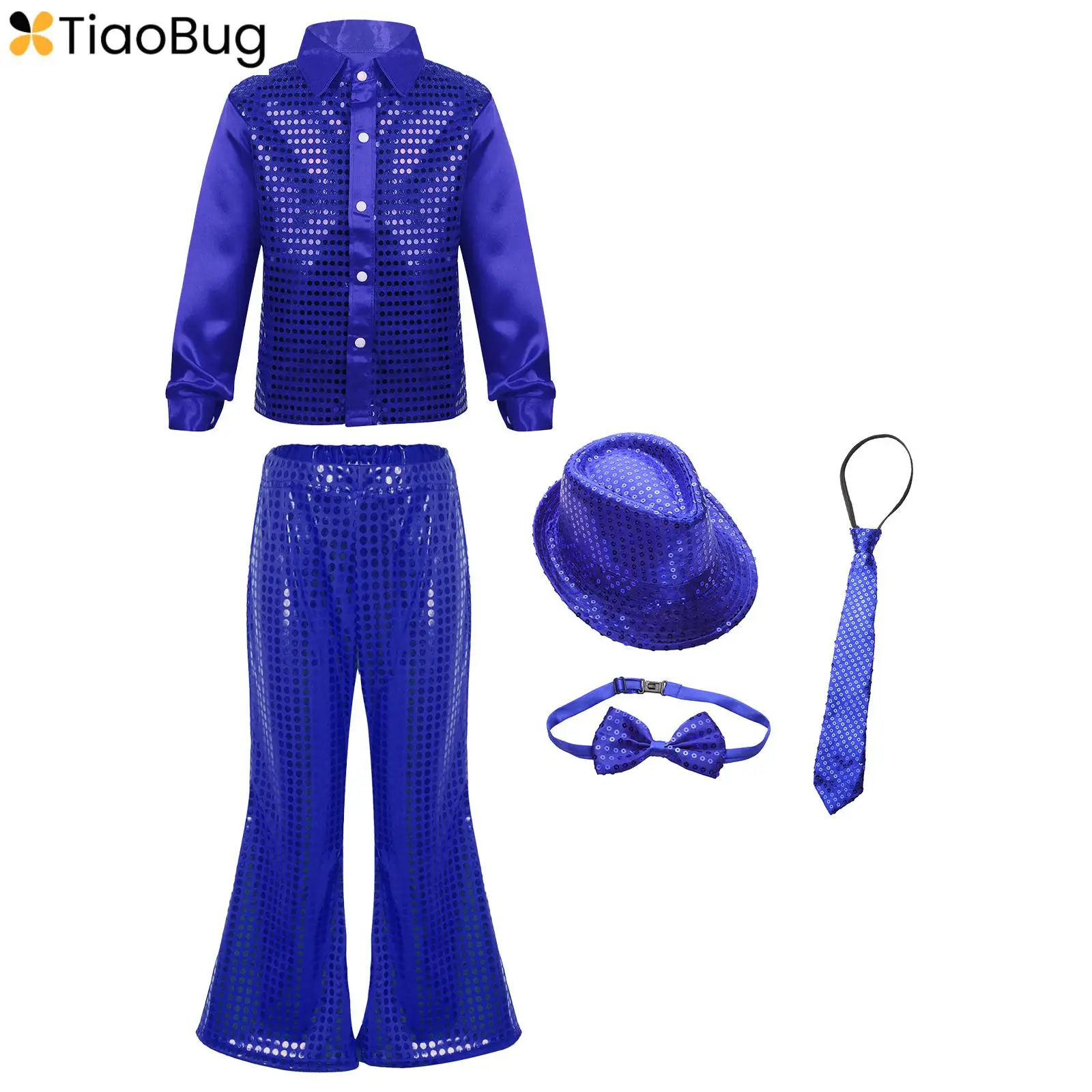 Girls Boys Disco Dance Costume Halloween Performance Outfits Set Sequined Long Sleeve Shirt with Flared Pants Hat Bowtie Necktie