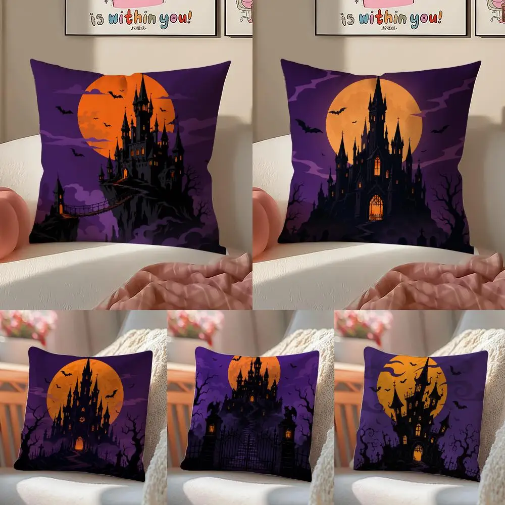 Halloween Haunted Castle Cushion Cover Pillowcase Short Plush Invisible zipper Room Sofa Cushion Cover