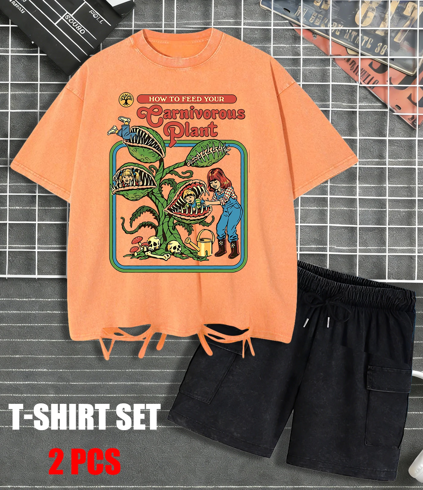 

Earnivorous Plantprint Washed Mens Tee Shirt Retro Summer Cotton Shorts Set New Breathable Clothing Unisex Soft Loose Top