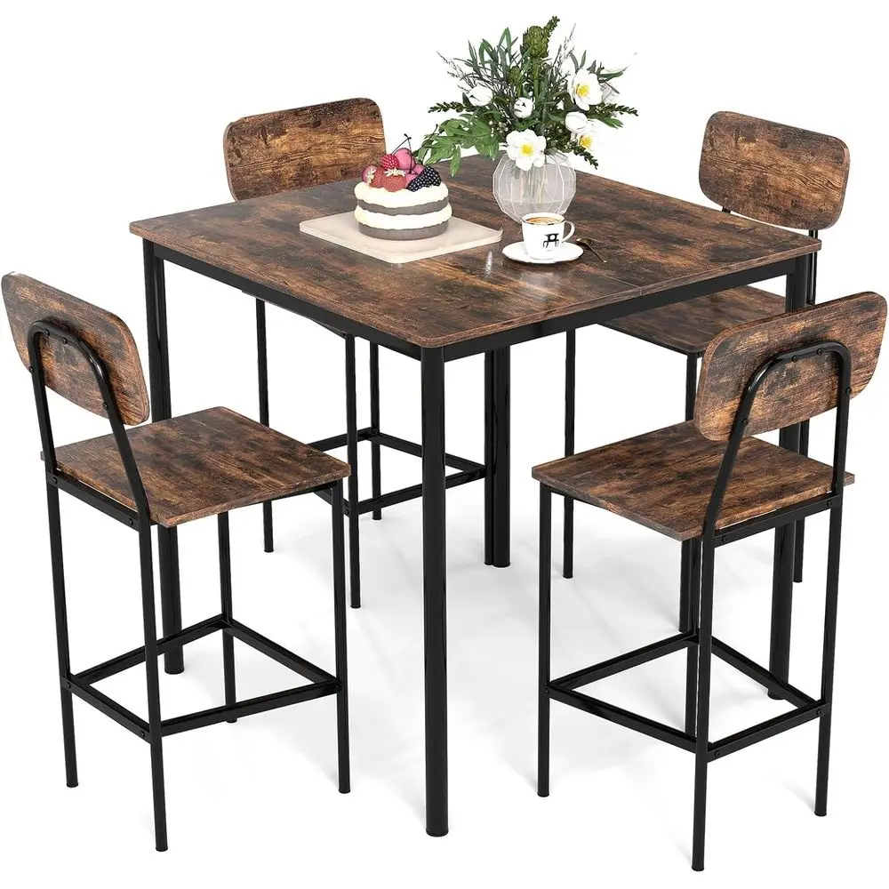 

5-Piece Square Kitchen Nook Dinette Set with 4 Bar Stools, Footrest, Backrest, Space-Saving Design, Industrial Kitchen Table and