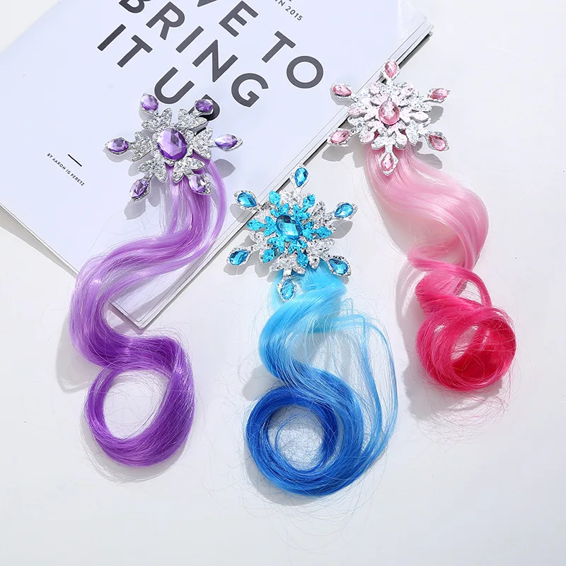 Disney Frozen Elsa Wig Braid Hair Clip Cartoon Figure Princess Blue Purple Girl Snowflake Performance Accessories Headdress Gift