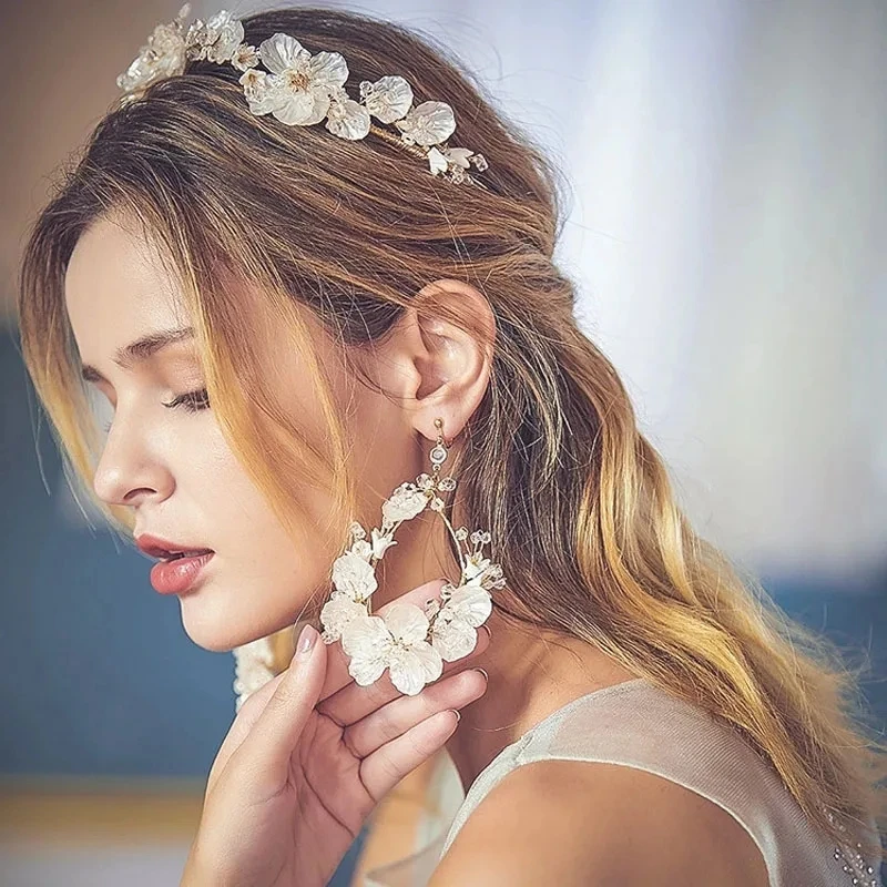Stunning Floral Wedding Hair Crown Bridal Tiara with Earrings Handmade Women Prom Hairband Accessories