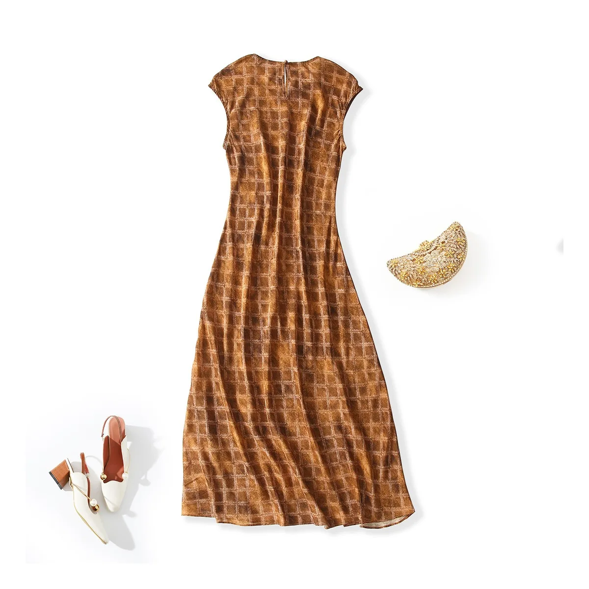 Winsleter-100%Real Silk Elegant Dress, O Neck Sleeveless Plaid, Women Retro Versatile A-line Dresses, 2026 Autumn New D68708CC