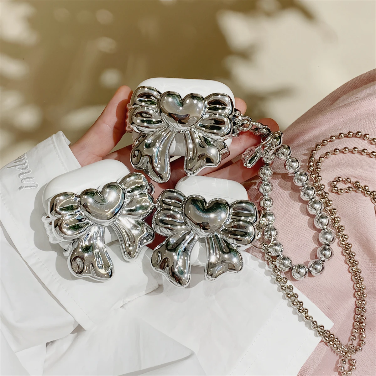 

Korean Ins Silver Bow Suitable For Apple AirPods Pro 1st, 2nd, 3rd Generation Bluetooth Headphone Case Protective Case