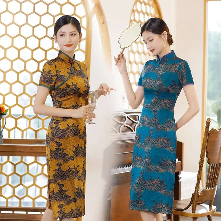 

Новое длинное платье Cheongsam, атласный комбинезон, короткая юбка, облегающие модные банкетные костюмы в стиле ретро