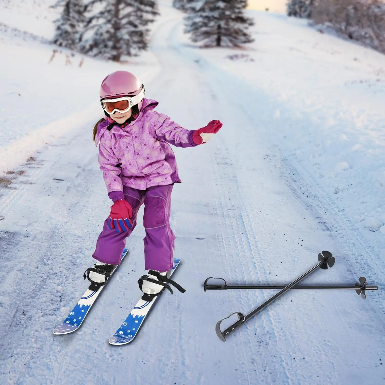 

Kids Skis with Poles for Beginners, 110 lbs Load Capacity Ski Poles Kids with Adjustable Bindings Cross Country Ski Set