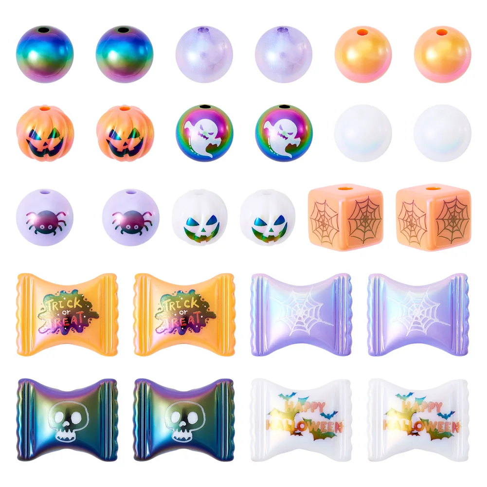 26Pcs Halloween Theme Acrylic Beads UV Plating Rainbow Iridescent Beads For Jewelry Making Case Scary Halloween Decor Accessorie