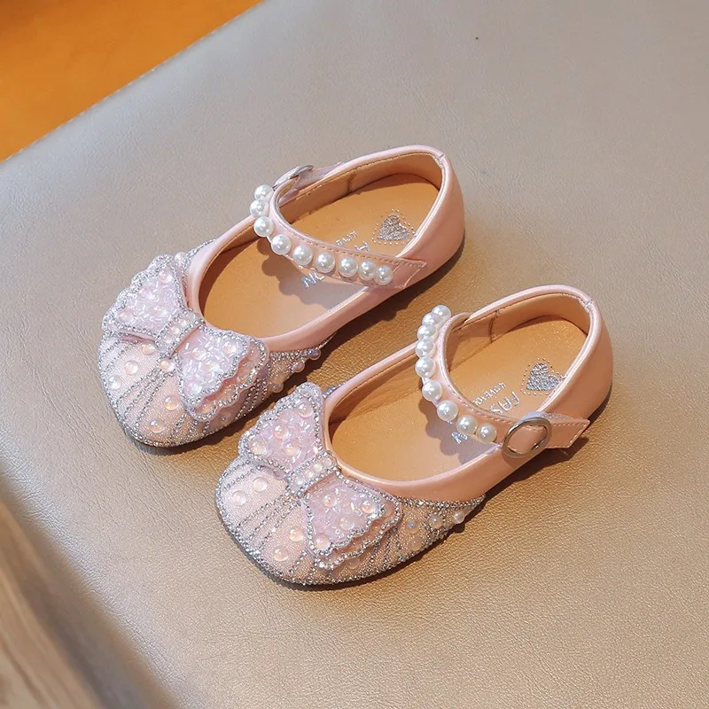 Size 23-34 Silver Bow Cute Princess Flat Shoes for Teenage Girls Casual Low Vamp Student Performance Dance Shoes