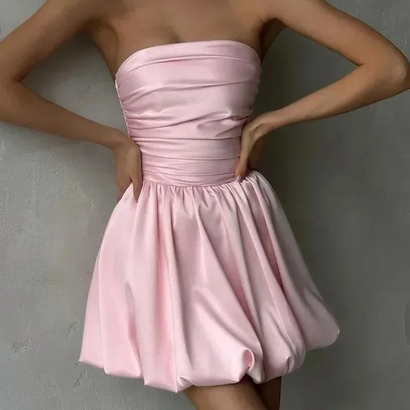 Trendix Sexy Bandeau Mini Dress Women Off Shoulder Sleeveless Pleated High Waist Dresses Ladies Party Elegant Fashion Dress 2024