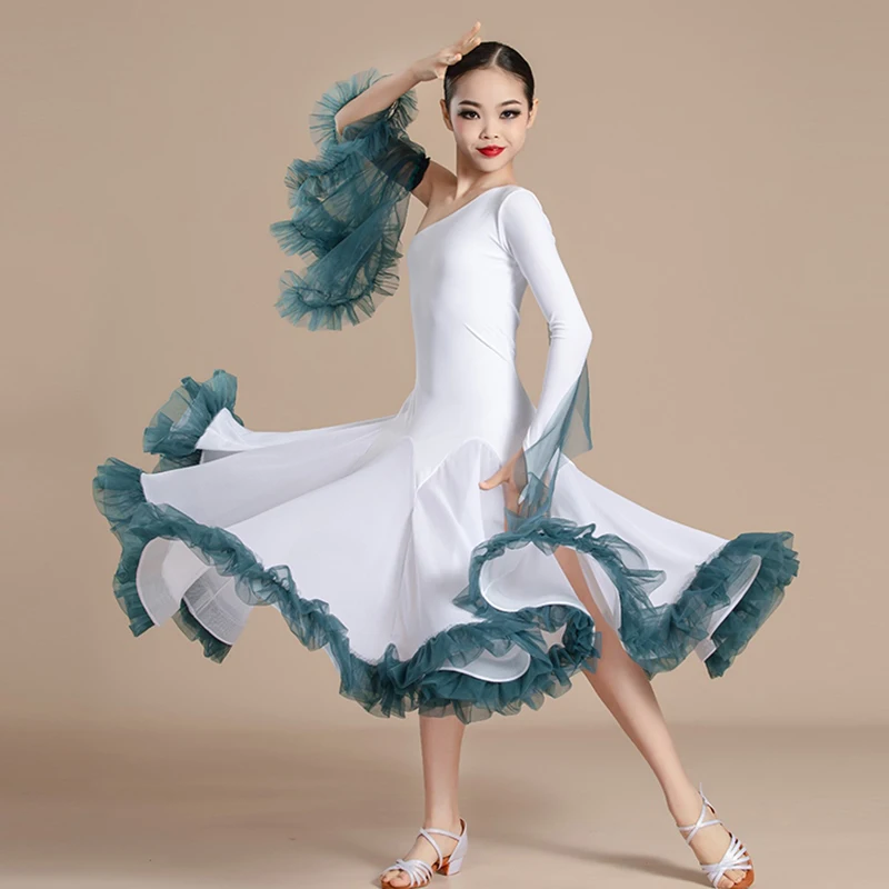 

Standard Dancing Performance Costume Girl White One-Sleeve Ballroom Dance Dress Children Waltz Modern Dance Long Dresses VDB7979