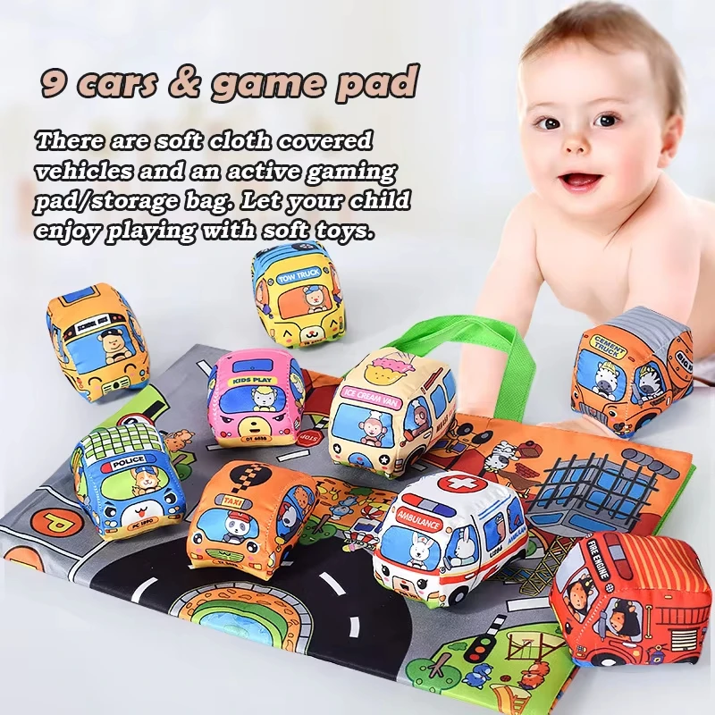 Juego de coches de juguete suave Montessori con tapete de juego y vehículo de 9 Uds. Para bebés de 1 año, juguetes para niños pequeños de 12 a 18 meses, coches para niños y niñas