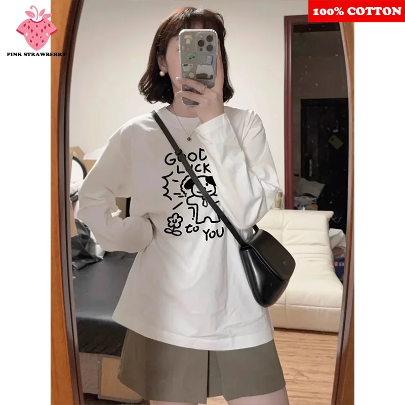 

Cute Dog Print T-shirt Women Autumn 2025 New 100% Cotton American style Long sleeved T-shirt Loose Casual Y2k Top kawaii clothes