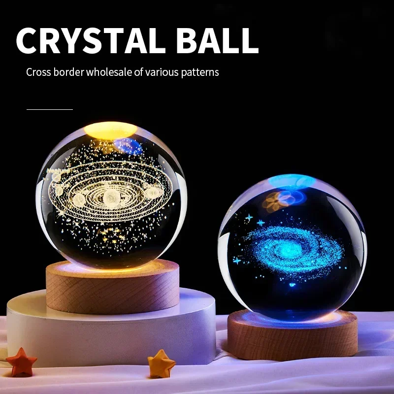 Bedside Lamp Solar Theme Cosmos Series 6cm Crystal Ball Night Light Milky Way Planet Moon Small Ornament for Desk Creative Gift