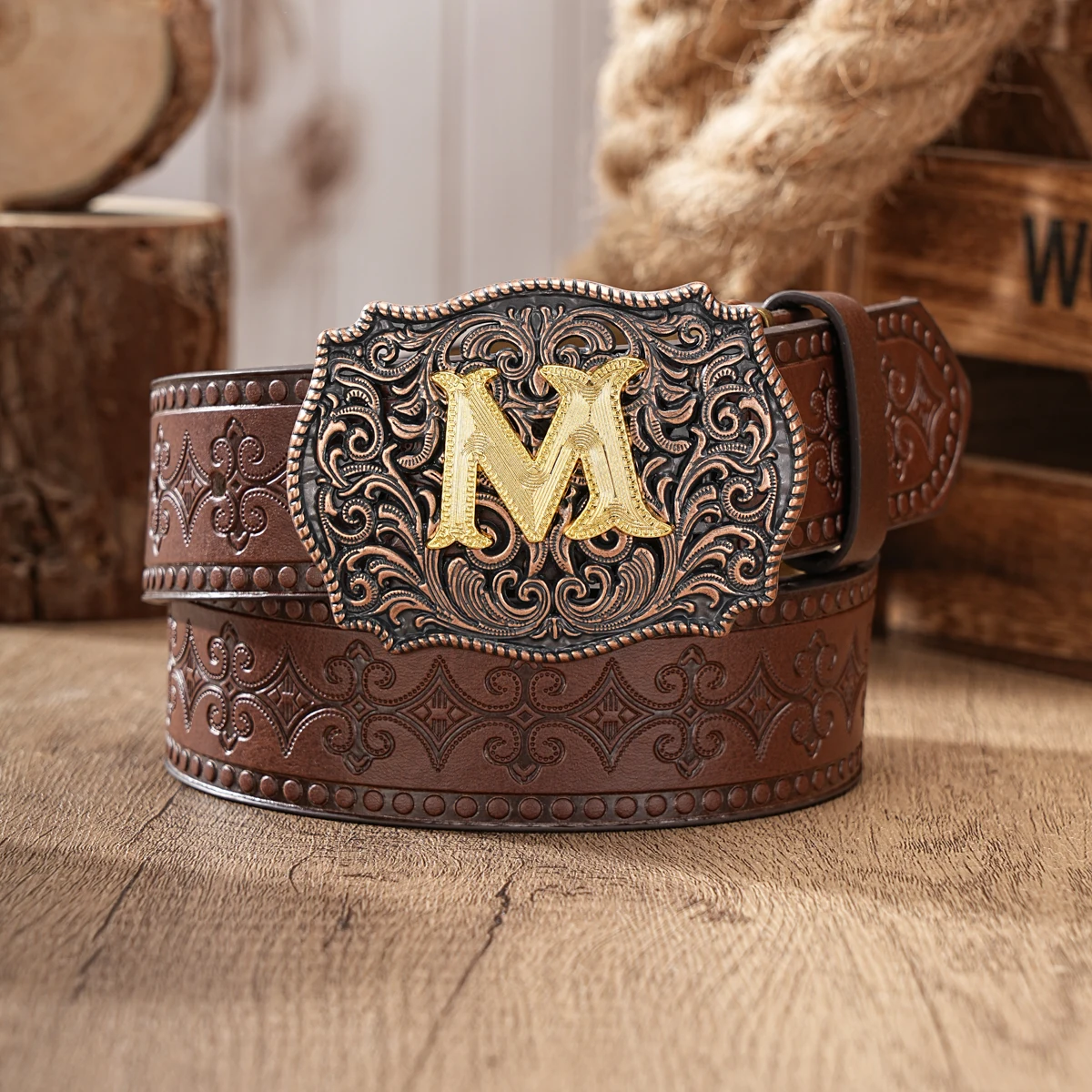 A western cowboy-style men's belt with letter embossed buckle and PU leather embossed patterned women's belt, retro style