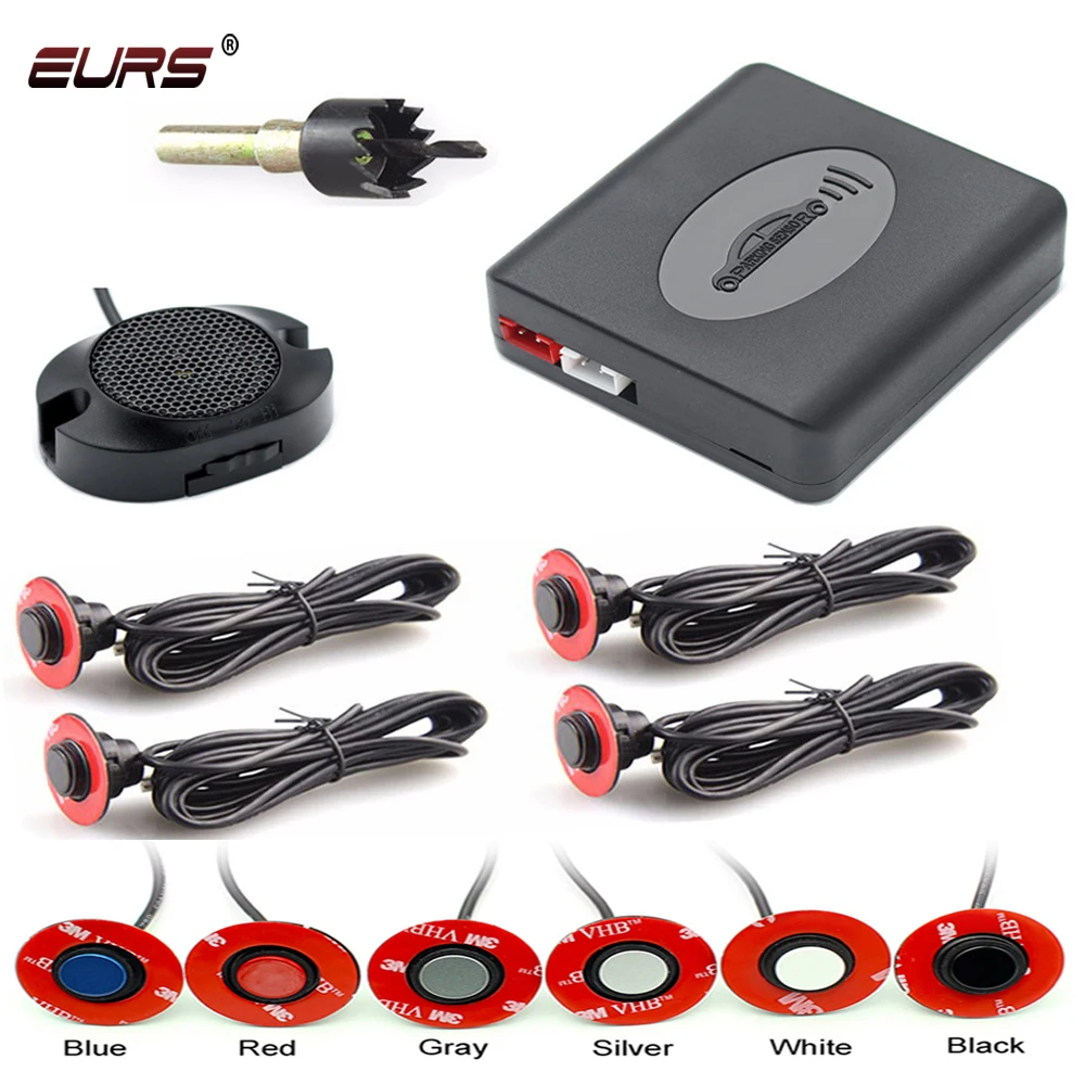 EURS Parktronic 4 sensors Car Backup Radar Parking Sensor Buzzer Detector Assistance Flat Probe System 12V Kit Universal Car Bac