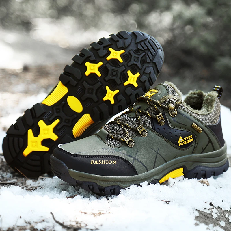 

Winter Brand Men's Climbing Shoes Large Size 39-47 Warm Velvet Hiking Shoes Man Outdoor Waterproof Leather Trekking Sneakers Men