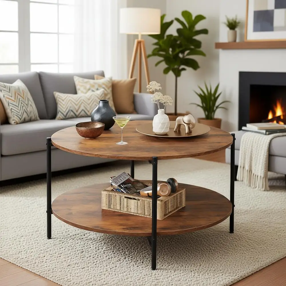 

Журнальный столик 32.6 с полкой для хранения, 2-уровневый круглый деревянный стол для гостиной, цвет рустик-коричневый