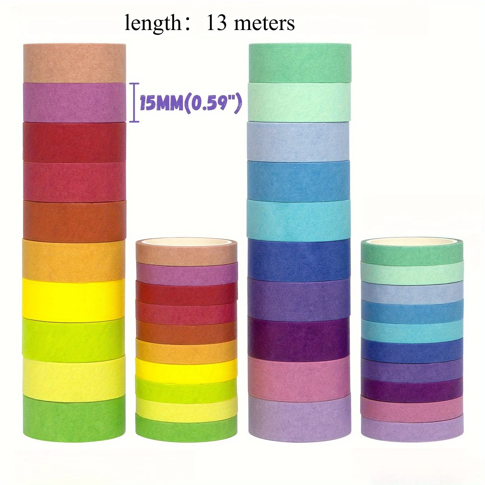 レインボー装飾テープ、色付き和紙テープ、ジャーナリング用アートクラフト和紙テープ、スクラップブッキング用品、幅15mmのウォッシーテープ