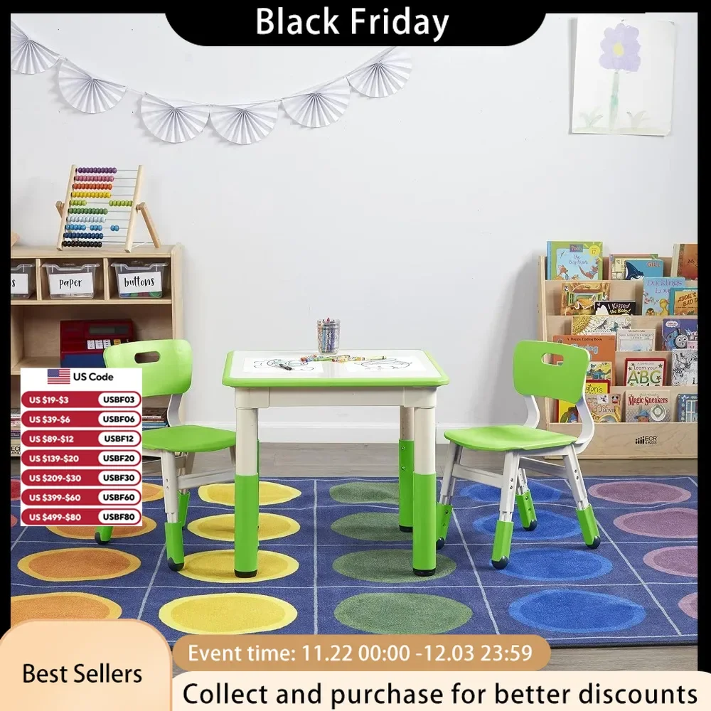 Table Dry-Erase Square Activity  with 2 Chairs, Adjustable Kids Furniture Grassy Green 3-Piece, 28.5 x 28.3 x 5.1 inches Table