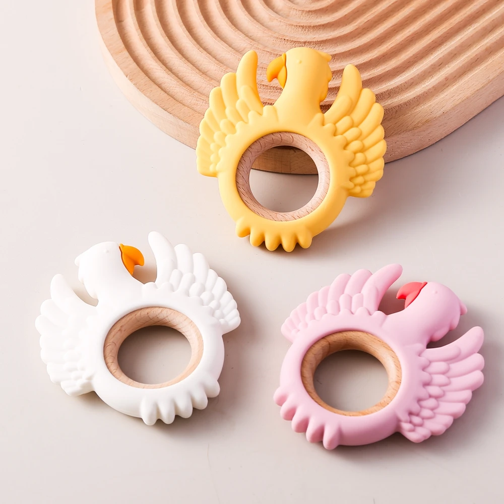 

1pc Baby Silicone Teether Baby Swan Teething Toys Wooden Teething Ring Sensory Toys for Toddlers Kids Silicone 0 12 Months Toys