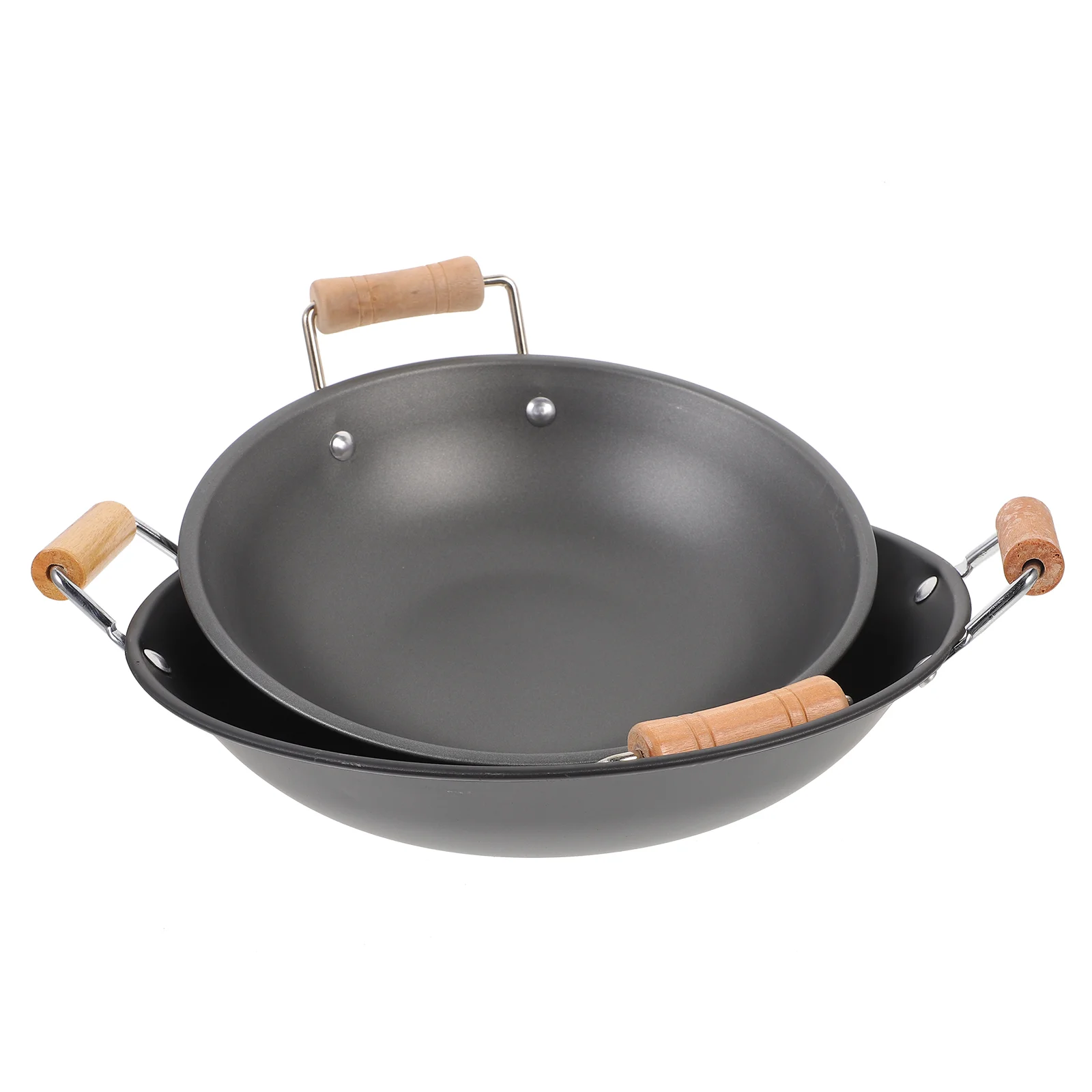 

2 Pcs Frying Pans Stainless Steel Griddle Dry Pot with Wooden Handle Cooking Kitchen Supply Stove