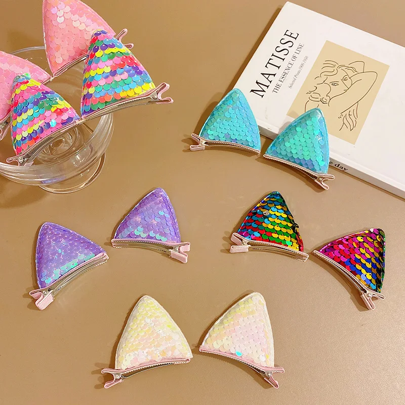 2PCS New Sequins Cat Ears Hairpins Girls Hair Clips Hair Accessories Child Sweet Cute Barrettes Kids Fashion Headwear Ornaments