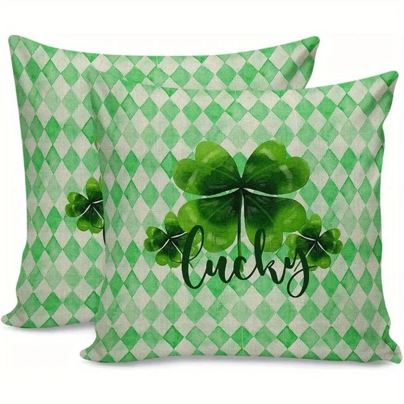 2pcs Pillow Covers St. Patrick's Day Lucky Clover Vinatge White Buffalo Green Plaid Throw Pillow Covers 18x18 Inch Decorative