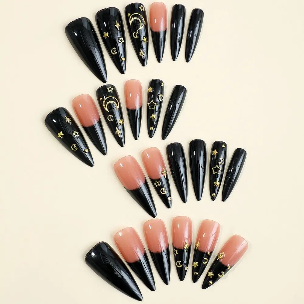 New Long Stiletto False Nails Moon Stars Mystery Fake Nails Detachable French Press on Nails DIY