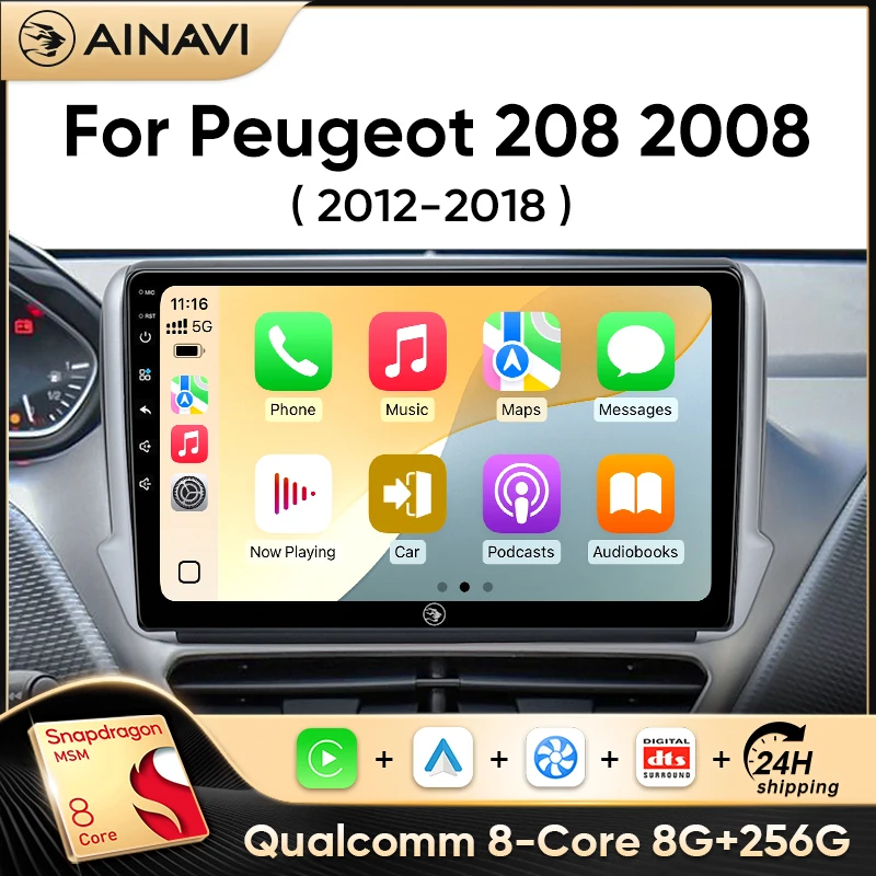 AINAVI autoradio pour Peugeot 208 2008 sans fil Carplay Android Auto lecteur multimédia Autoaudio GPS HDMI 2 DIN
