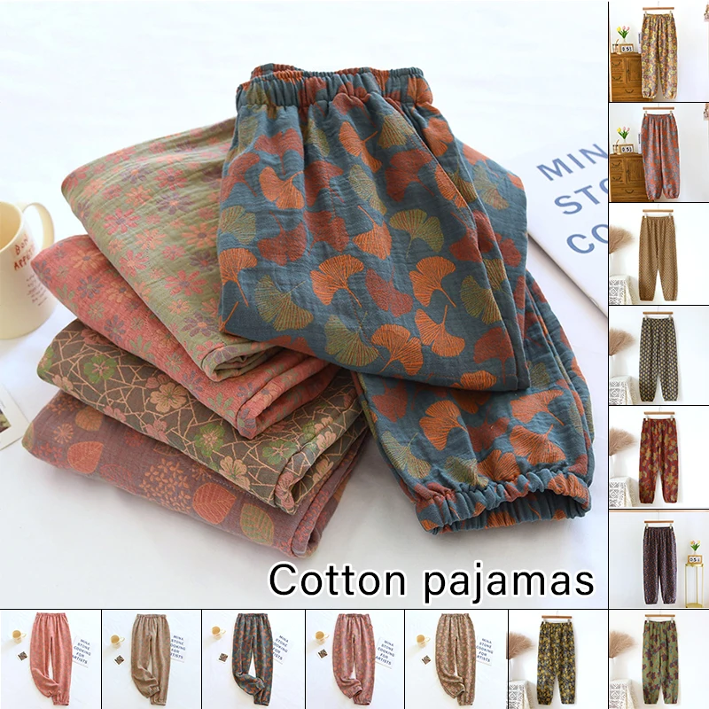 Spring Summer Women's Pajamas Pants Cotton Crepe Printed Pants Comfortable Loose Elastic Waist Large Home Thin Bottoms Trousers