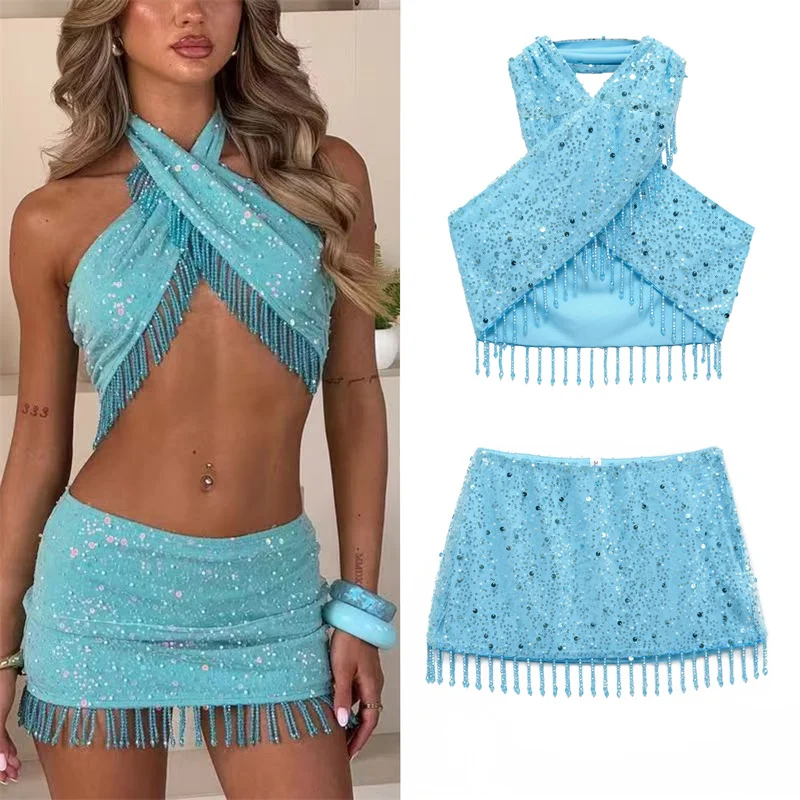 

Women's Suit New Summer 2025 Blue Halterneck Collar Pearl Fringe Sequin Top Skirt Suit Sexy Fashion Personality