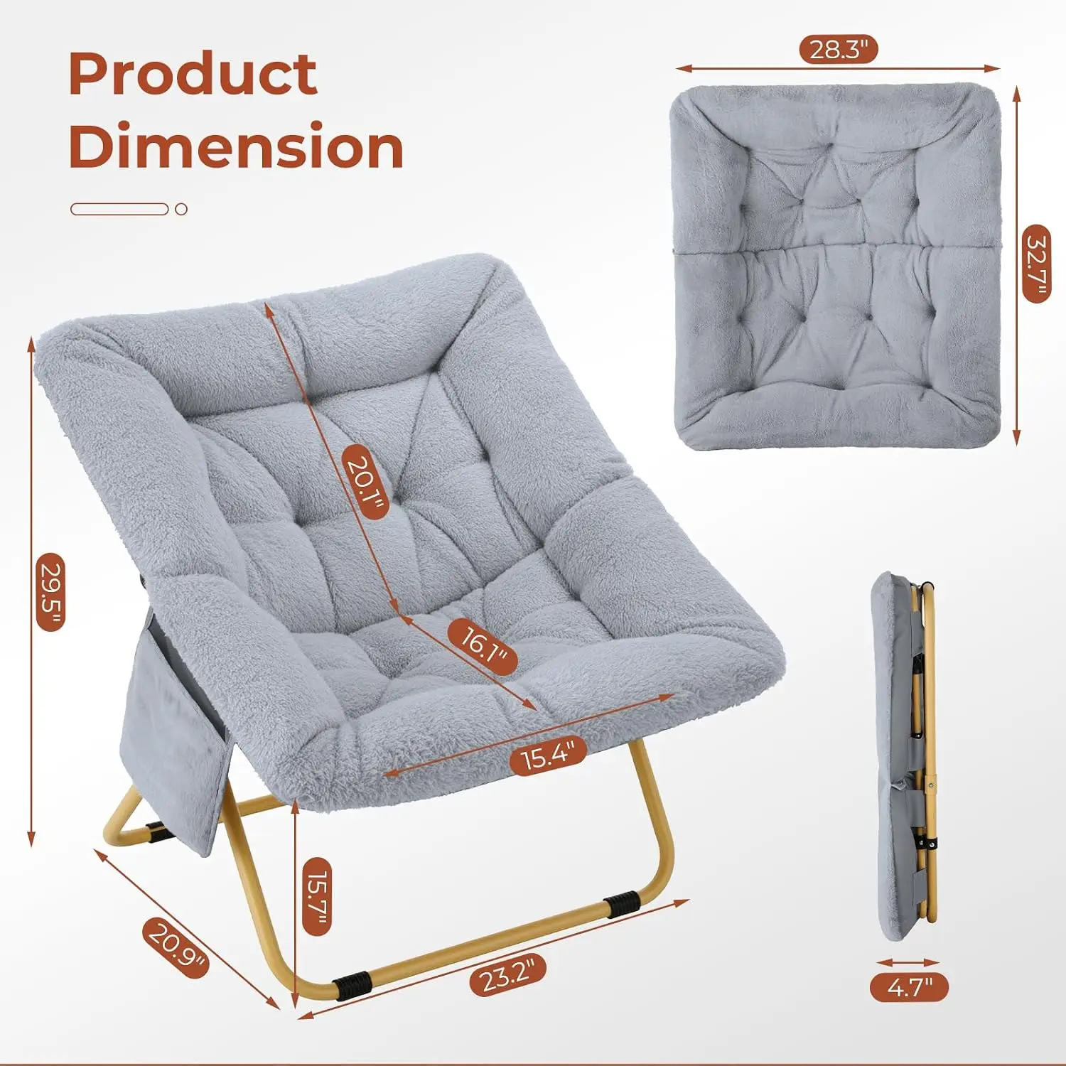 Comfy Saucer Chair, Oversized Foldable Lounge Lazy Chair Soft Faux Fur Reading Chair for Teens Adults, Metal Frame Moon Chair