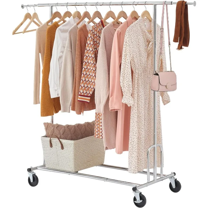 Heavy Duty Clothing Rack Foldable Garment Rack with Wheels and Extendable Rod for Hanging Clothes, Chrome