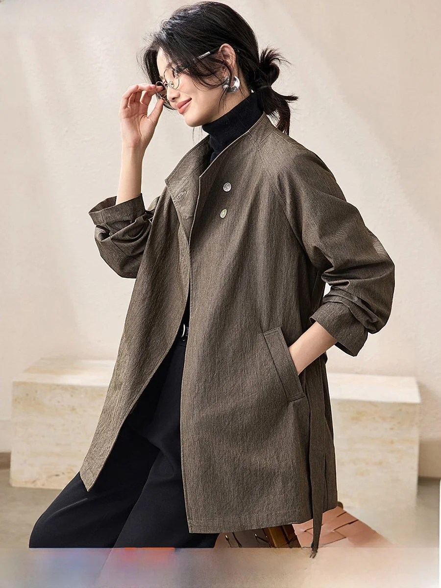 

Mehan Comfortable Long Sve Windbreaker Commute Sle Retro Simple Loose Fit Mid-Length Coat Korean Version Cotton Blend