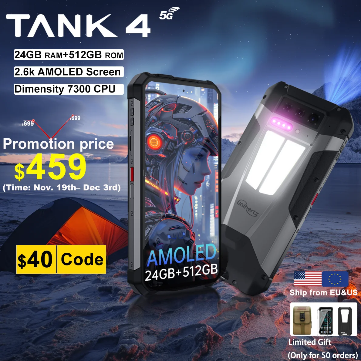 World premiere】Unihertz by 8849 Tank 4 Smartphone Built-in 720P Projector 5G Phone 24+512GB 11600mAh Dimensity 7300 AMOLED 120H
