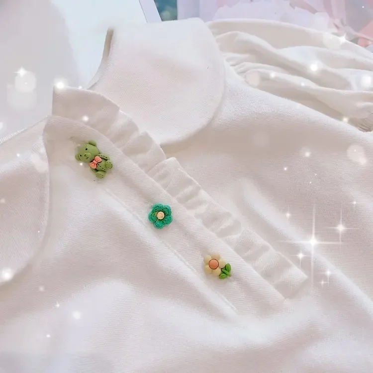 Children T-shirt Doll Collar Solid Turn Down Collar2023 Summer New Bubble Sleeve Top Korean Fashion Breathable Girls