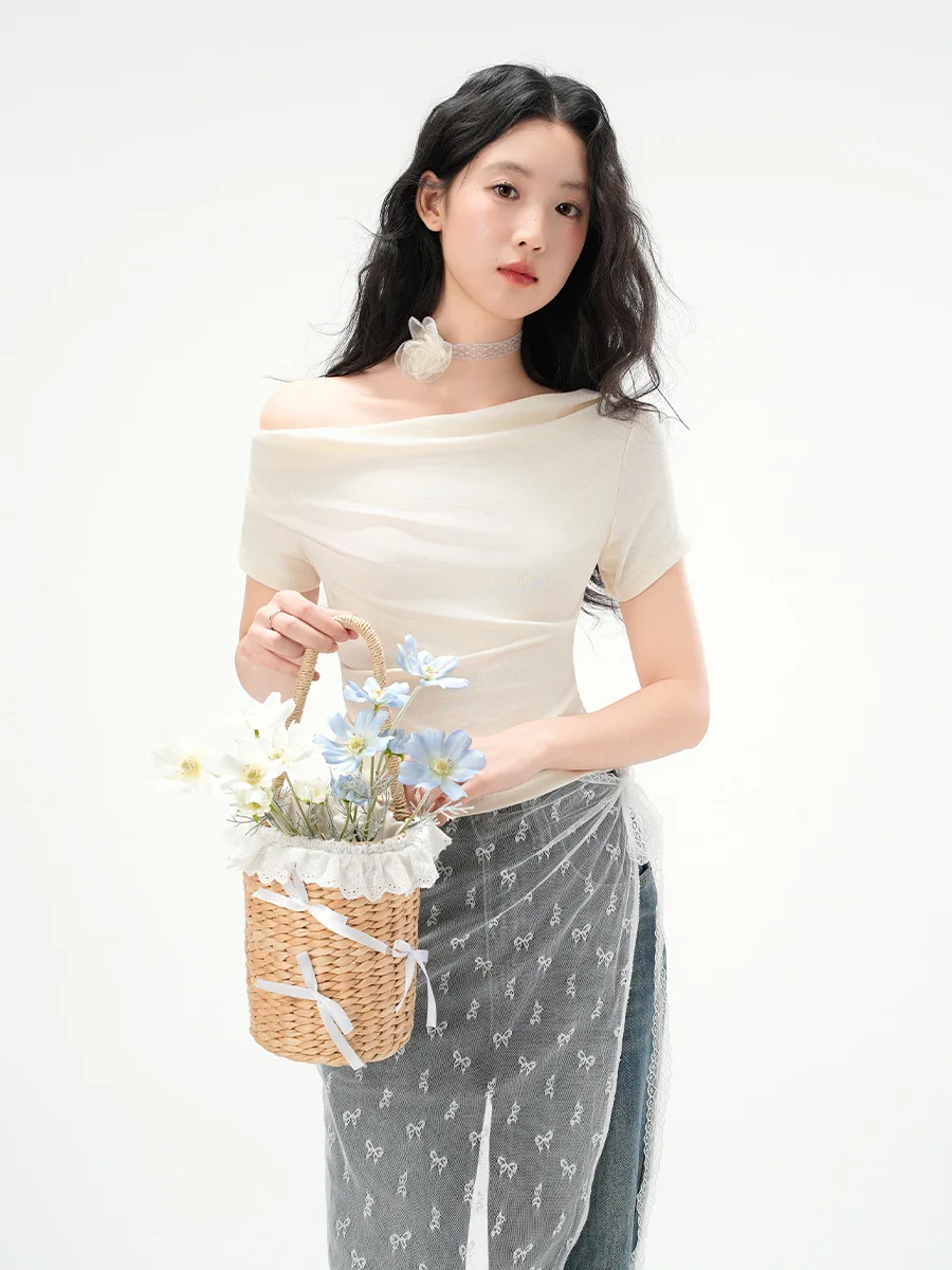 

Off Shoulder T-Shirt Grunge Womens Winter Warm Fitted Shape Subculture For Night Gathering Party Club Layered Ribbed Patchwork