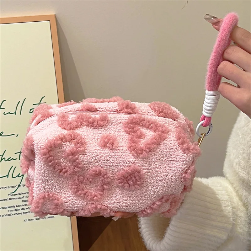 New Pink Red Color Heart Cosmetic Bags with Lanyard Girl Large Capacity Travel Organizer Cute Plush Makeup Bags for Women