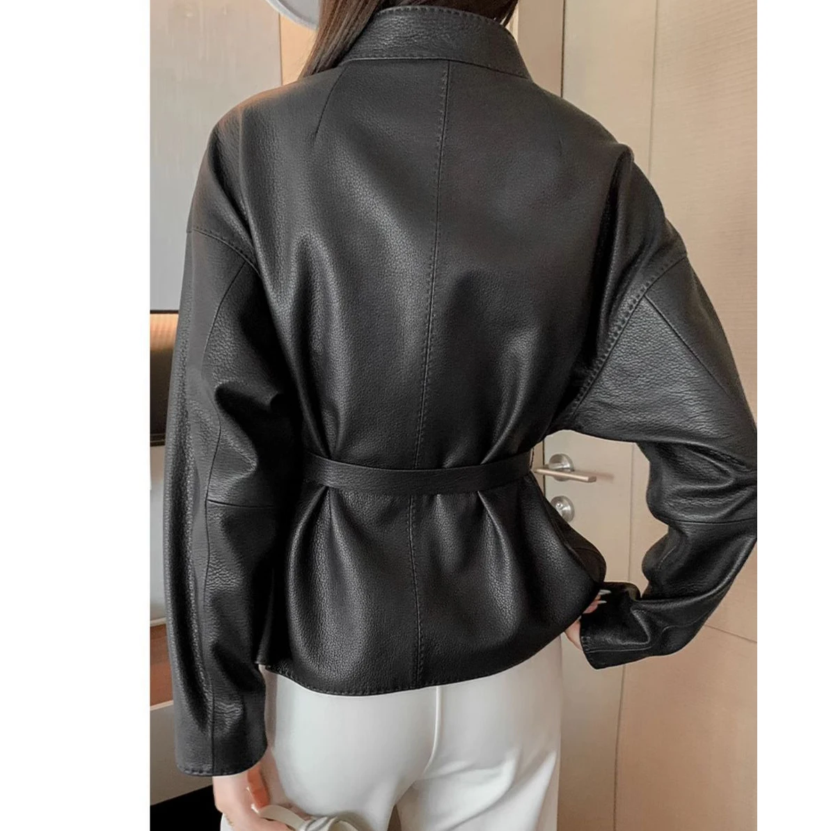 Stand Collar Faux Leather Jacket Women With Waist Belt Loose Irregular Hem PU Coat Elegant Office Lady Autumn Outerwear