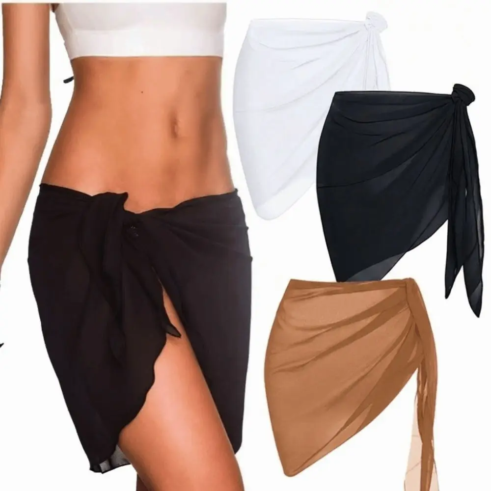 Sexy Solid Color Women Beach Skirt Short Sheer Swimming Skirt Strap Design Chiffon Skirt Summer Vacation