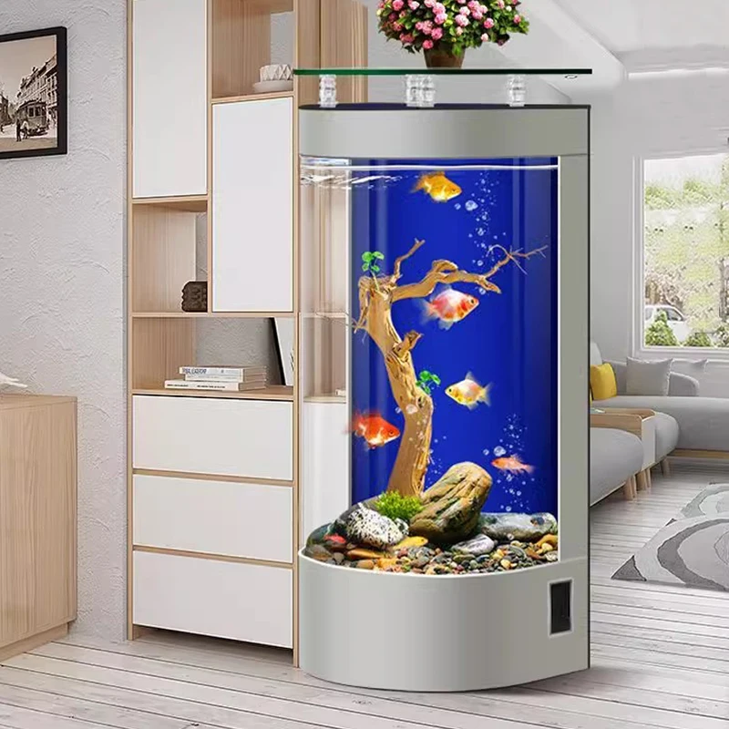 Round glass aquarium (domestic living room, floor-to-ceiling) with filtration and oxygenation system and ecological function