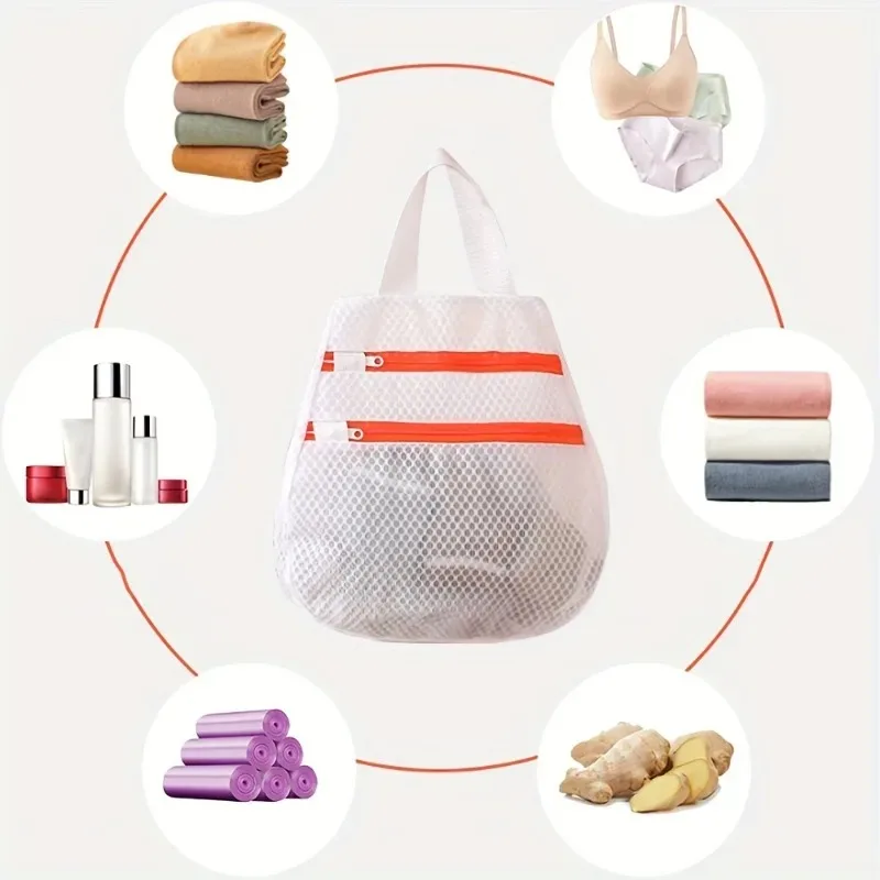Double-Layer Mesh Multifunctional Hanging Organizer Bag Large Capacity Laundry Bag with Zippered Compartment And Side Pockets. - view 3