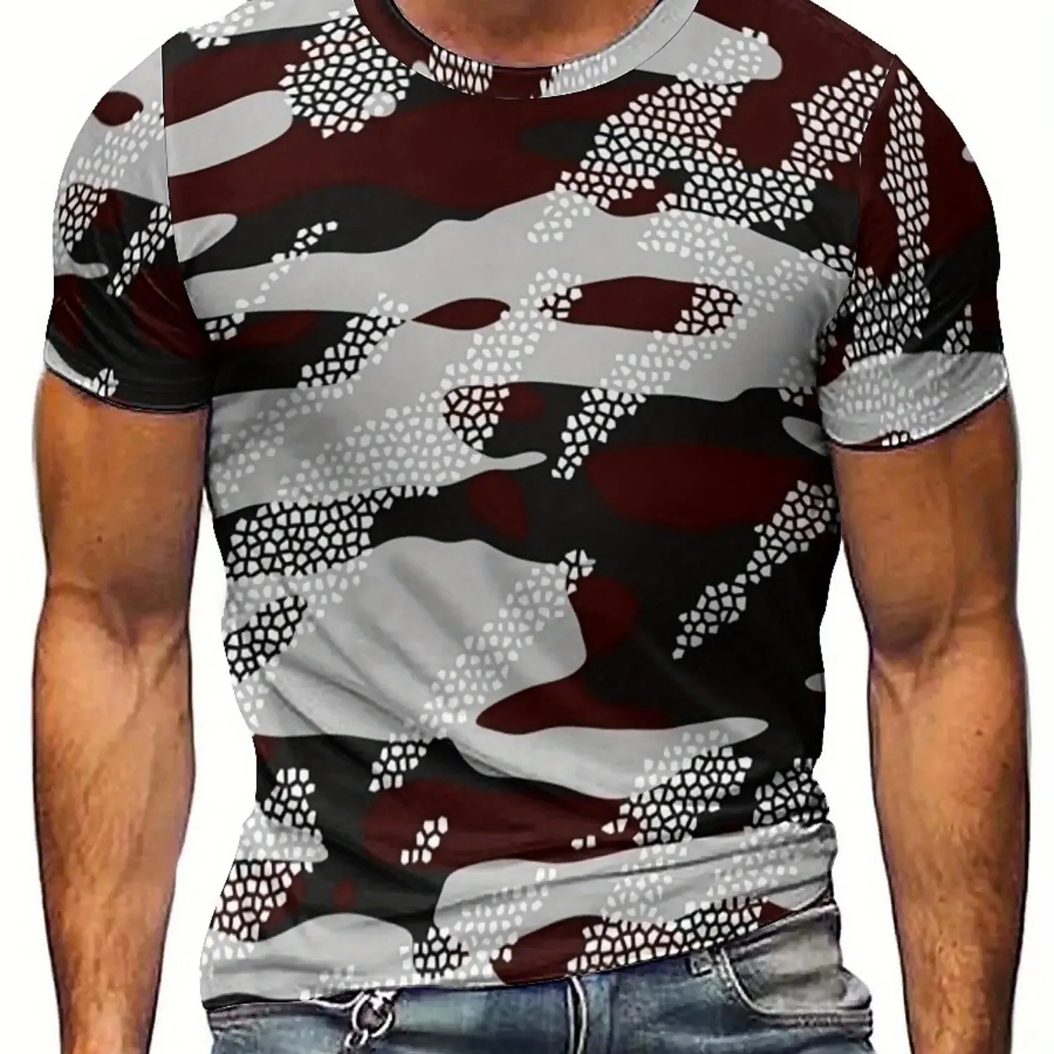 تي شيرت بأكمام قصيرة مموه هندسي مطبوع ثلاثي الأبعاد للرجال والنساء - بوليستر ناعم، مريح لجميع المواسم