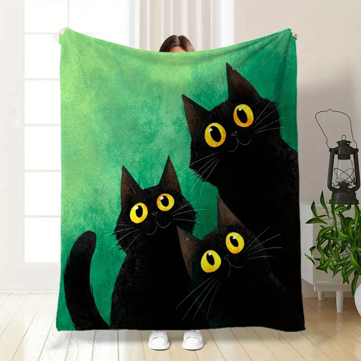 1 manta de franela verde con gatos negros, diseño de gato Retro ligero y suave y acogedor con impresión Digital 2D, duradera para todas las estaciones